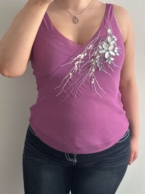 sheer beaded tank top with rhinestones and abstract floral details